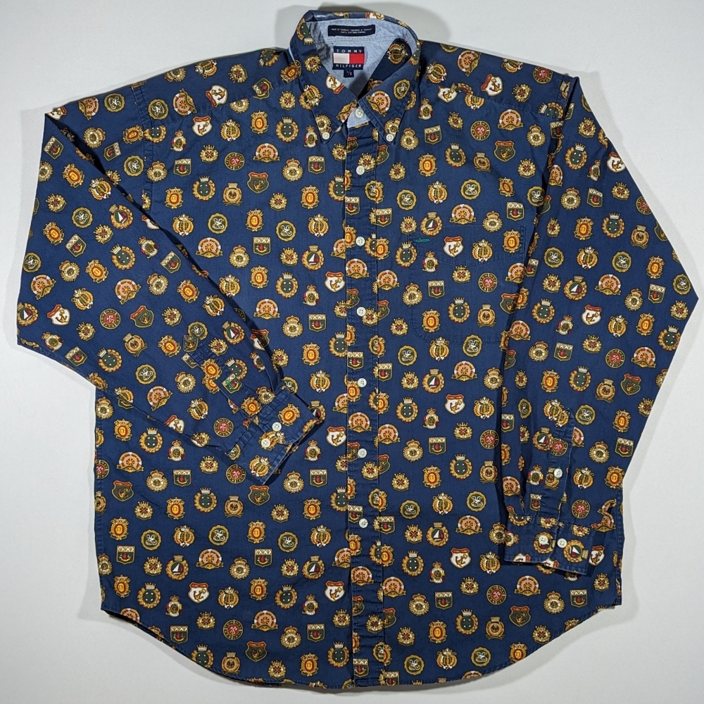 Vintage Tommy Hilfiger Men's Long Sleeve Button Up Shirt Size Large Yacht AOP